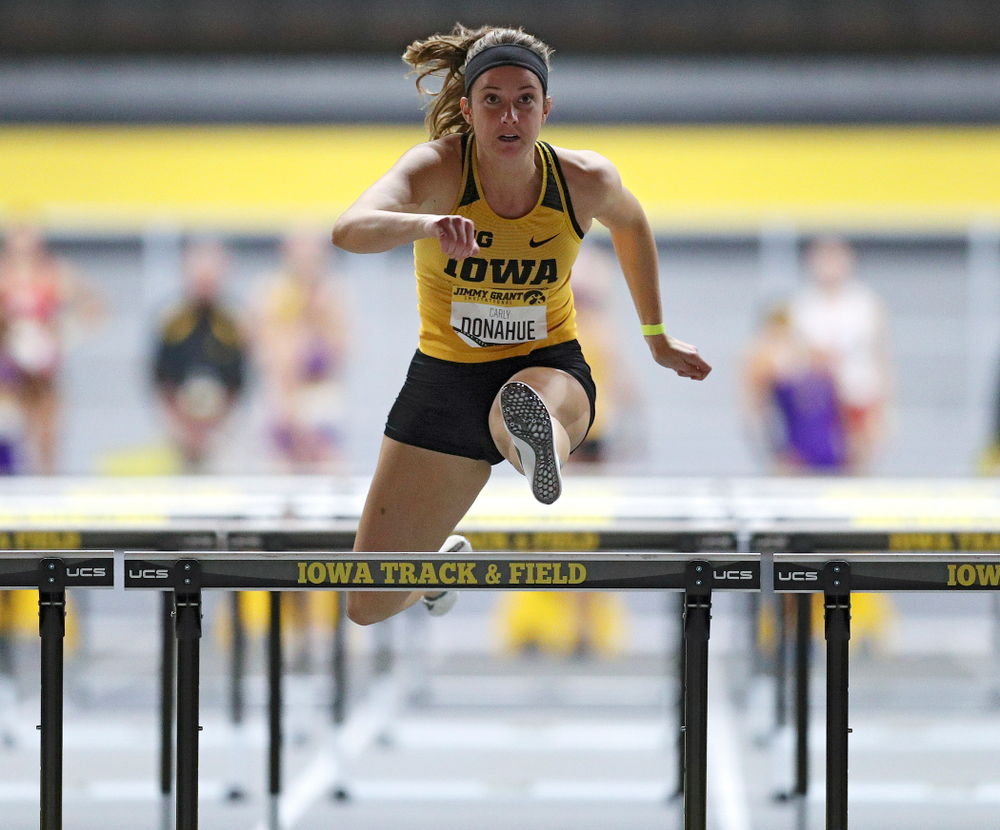 Iowa’s Carly Donahue competes in the women’s 60 meter hurdles prelims event during the Jimmy Grant Invitational at the Recreation Building in Iowa City on Saturday, December 14, 2019. (Stephen Mally/hawkeyesports.com)
