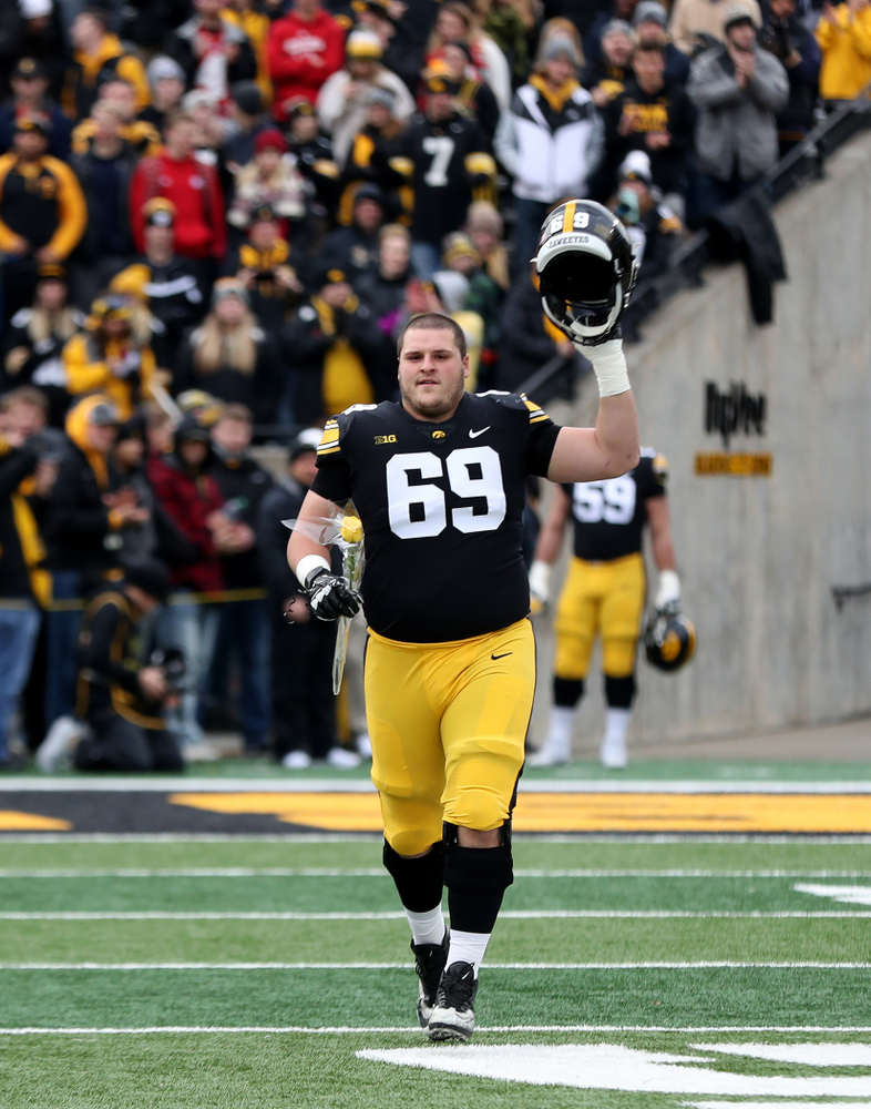 Iowa Hawkeyes offensive lineman Keegan Render (69) during senior day activities before their game against the Nebraska Cornhuskers Friday, November 23, 2018 at Kinnick Stadium. (Brian Ray/hawkeyesports.com)