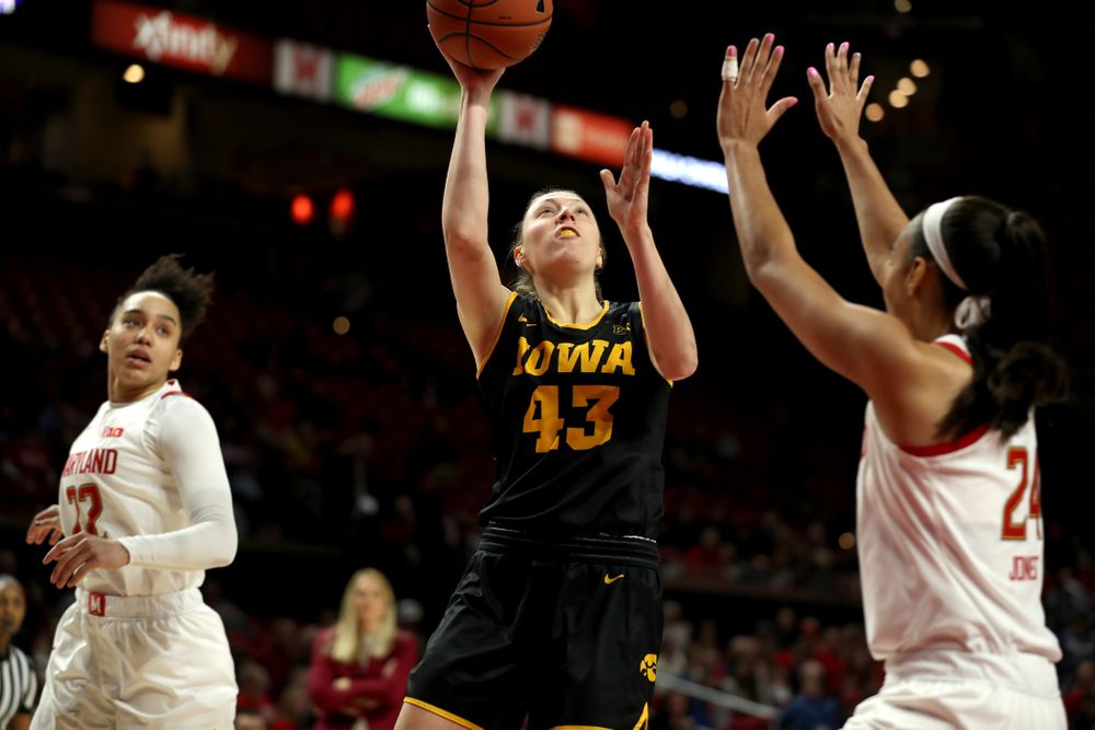 Iowa Hawkeyes forward Amanda Ollinger (43) against the Maryland Terrapins Thursday, February 13, 2020 at the Xfinity Center in College Park, MD. (Brian Ray/hawkeyesports.com)