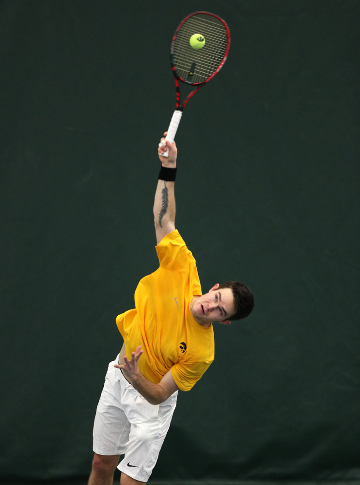Jonas Larsen against Utah Sunday, February 10, 2019 at the Hawkeye Tennis and Recreation Complex. (Brian Ray/hawkeyesports.com)