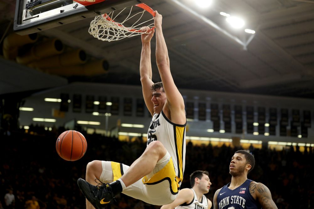 Iowa Hawkeyes forward Luka Garza (55) dunks the ball against Penn State Saturday, February 29, 2020 at Carver-Hawkeye Arena. (Brian Ray/hawkeyesports.com)