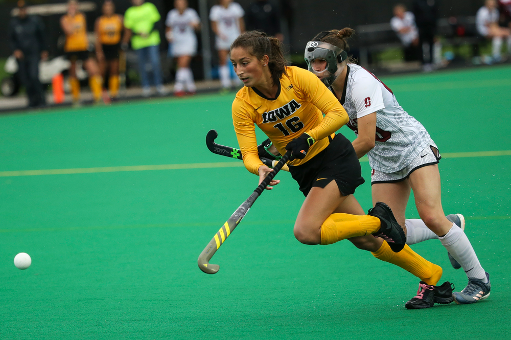 Iowa Hawkeyes forward Isabella Solaroli (16) chases down the ball during a game against Stanford at Grant Field on October 7, 2018. (Tork Mason/hawkeyesports.com)