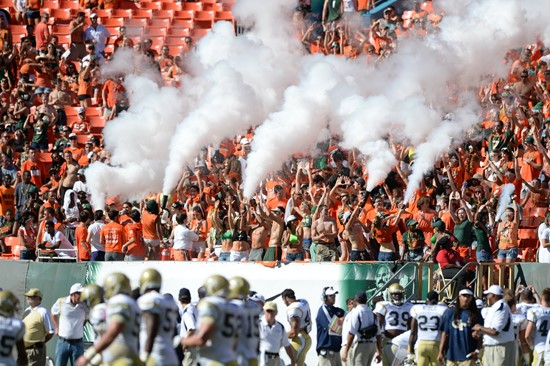 The #14'th ranked University of Miami Hurricanes play the Georgia Tech Yellow Jackets at Sun Life Stadium on October 05, 2013. Photo by Ray Medina/SPN