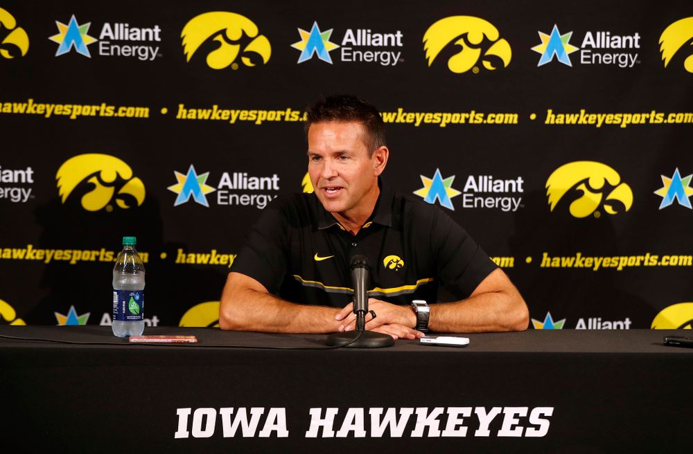 Iowa Hawkeyes head coach Bond Shymansky answers questions from reporters during the team's annual media day Friday, August 17, 2018 at Carver-Hawkye Arena. (Brian Ray/hawkeyesports.com)