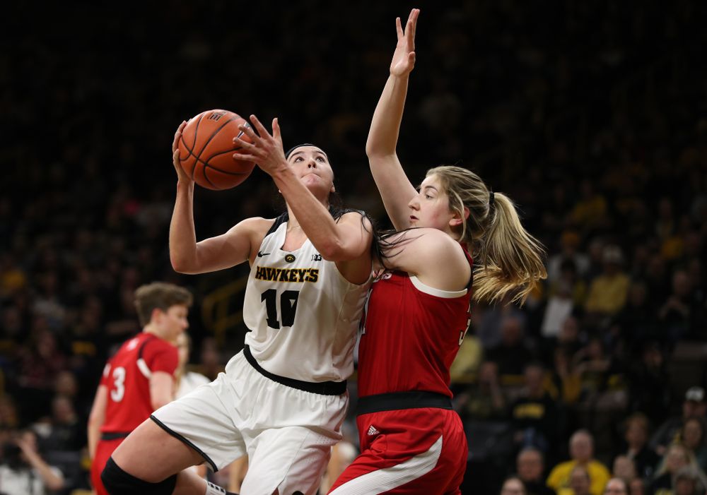 Iowa Hawkeyes forward Megan Gustafson (10) against the Nebraska Cornhuskers Thursday, January 3, 2019 at Carver-Hawkeye Arena. (Brian Ray/hawkeyesports.com)