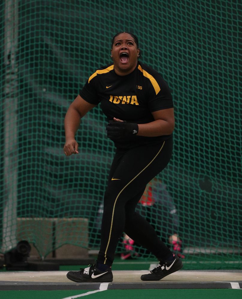 Iowa's Laulauga Tausaga sets a school record in the weight throw Friday, January 11, 2019 at the Hawkeye Tennis and Recreation Center. Tausaga set the new mark with a throw of 20.67m, 67-9 3/4. (Brian Ray/hawkeyesports.com)