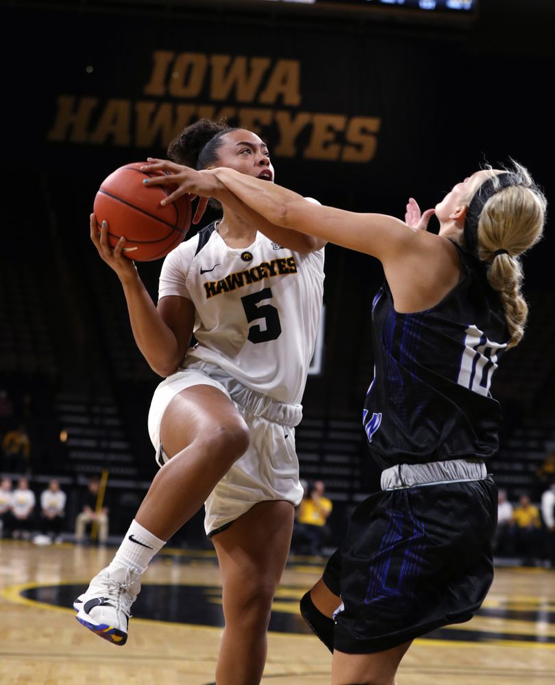 Iowa Hawkeyes guard Alexis Sevillian (5) against Dakota Wesleyan University Tuesday, November 6, 2018 at Carver-Hawkeye Arena. (Brian Ray/hawkeyesports.com)
