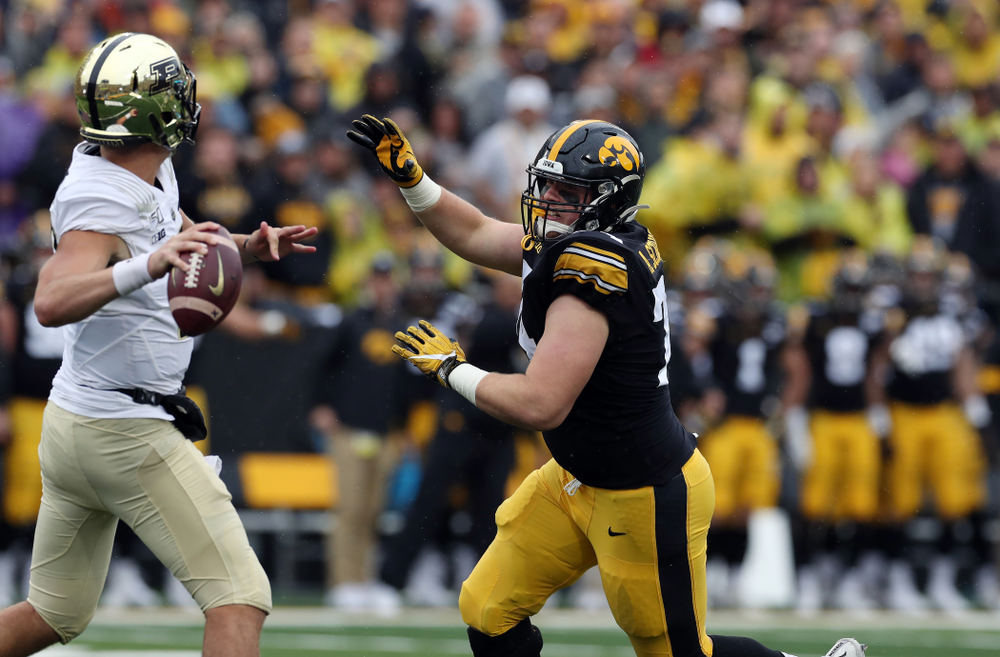 Iowa Hawkeyes defensive lineman Austin Schulte (74) against the Purdue Boilermakers Saturday, October 19, 2019 at Kinnick Stadium. (Brian Ray/hawkeyesports.com)