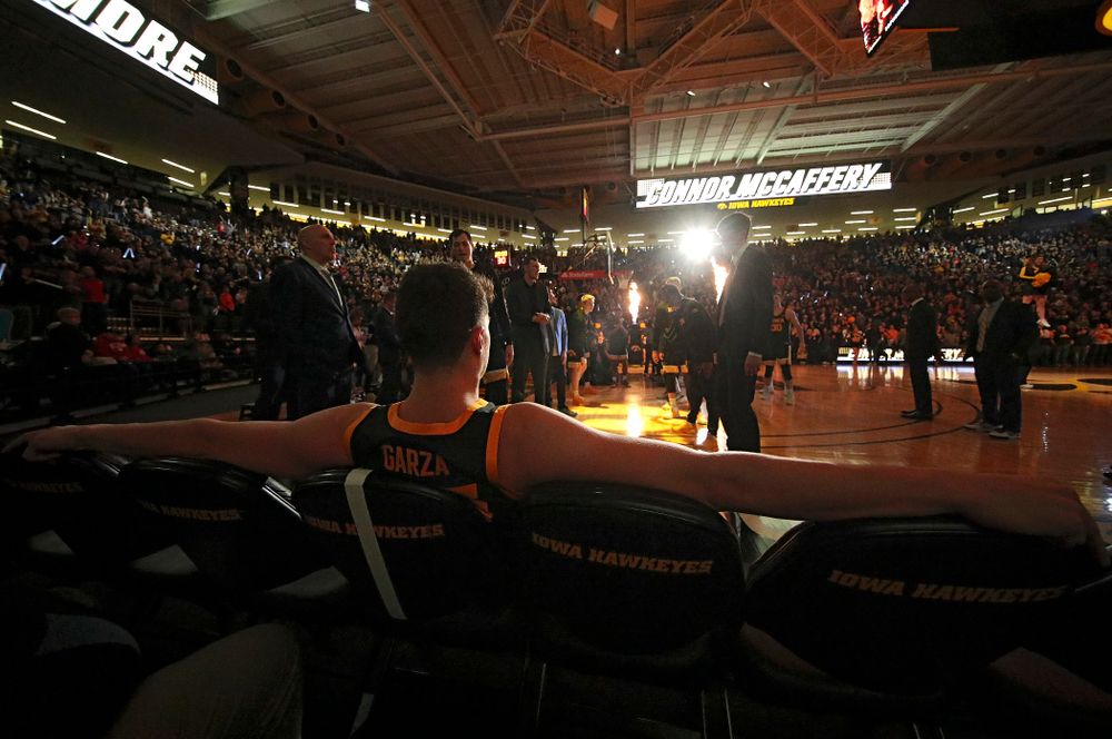 Iowa Hawkeyes center Luka Garza (55) waits to be introduced before their game at Carver-Hawkeye Arena in Iowa City on Monday, January 27, 2020. (Stephen Mally/hawkeyesports.com)