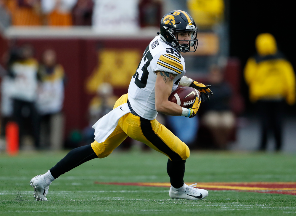 Iowa Hawkeyes defensive back Riley Moss (33) intercepts a pass against the Minnesota Golden Gophers Saturday, October 6, 2018 at TCF Bank Stadium. (Brian Ray/hawkeyesports.com)