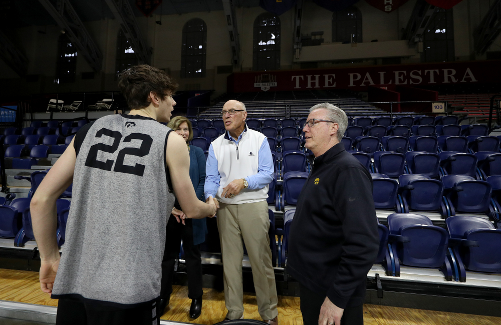 Iowa Hawkeyes head coach Fran McCaffery introduces his son Patrick McCaffery to Bob Weinhauer, his head coach from Penn, before practice at the Palestra Friday, January 3, 2020 in Philadelphia. (Brian Ray/hawkeyesports.com)