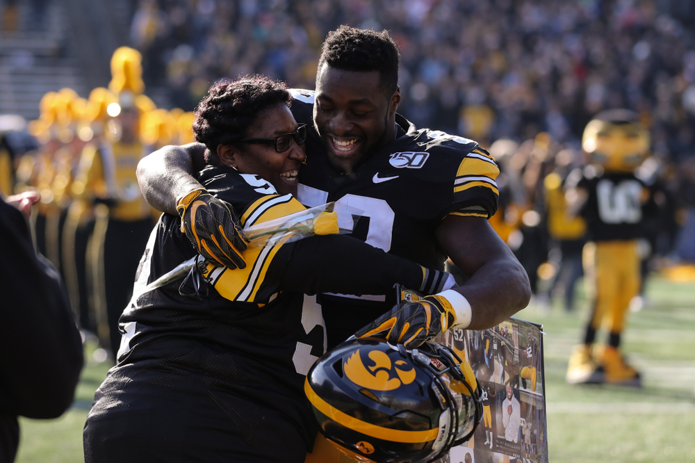 Iowa Hawkeyes linebacker Amani Jones (52) during Senior Day festivities before their game against the Illinois Fighting Illini Saturday, November 23, 2019 at Kinnick Stadium. (Brian Ray/hawkeyesports.com)
