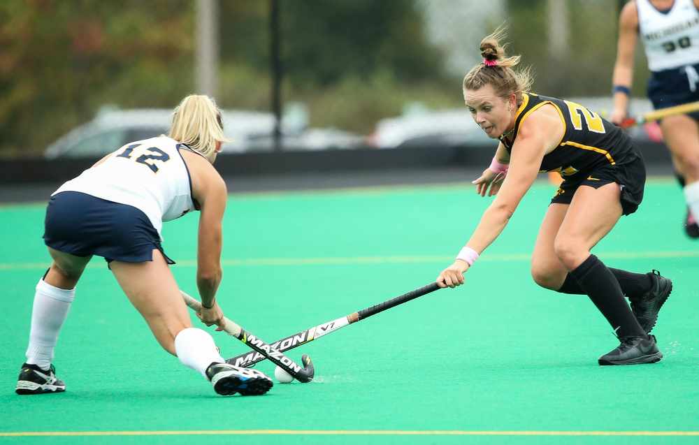 Iowa Hawkeyes forward Madeleine Murphy (26) defends during a game against Michigan at Grant Field on October 5, 2018. (Tork Mason/hawkeyesports.com)