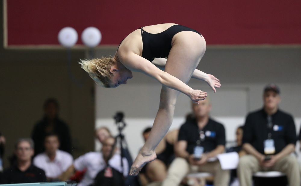 Iowa's Thelma Strandberg competes on the 1-meter springboard during the 2019 Women's Big Ten Swimming and Diving meet Thursday, February 21, 2019 in Bloomington, Indiana. (Brian Ray/hawkeyesports.com)