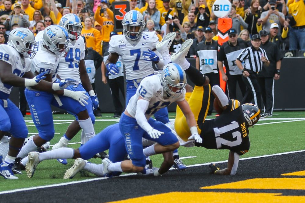Iowa Hawkeyes wide receiver Brandon Smith (12) against Middle Tennessee Saturday, September 28, 2019 at Kinnick Stadium. (Lily Smith/hawkeyesports.com)