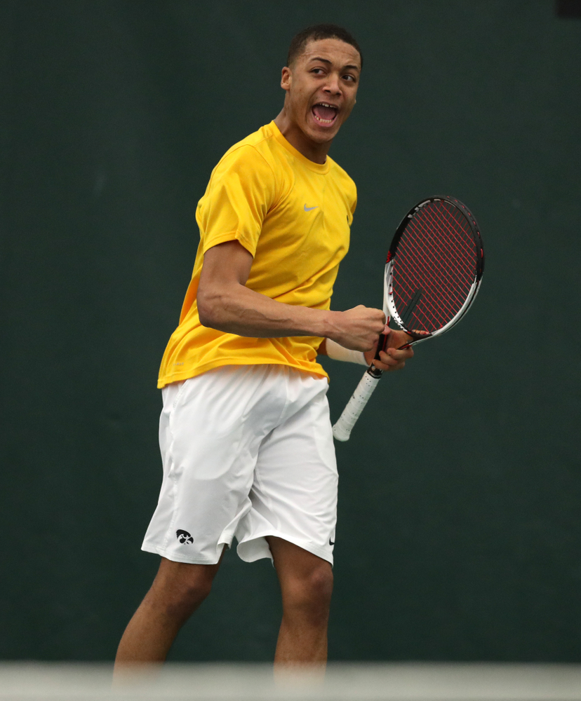 Oliver Okonkwo against Utah Sunday, February 10, 2019 at the Hawkeye Tennis and Recreation Complex. (Brian Ray/hawkeyesports.com)