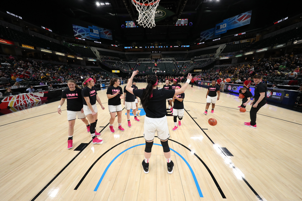 Iowa Hawkeyes forward Megan Gustafson (10) against the Rutgers Scarlet Knights in the semi-finals of the Big Ten Tournament Saturday, March 9, 2019 at Bankers Life Fieldhouse in Indianapolis, Ind. (Brian Ray/hawkeyesports.com)
