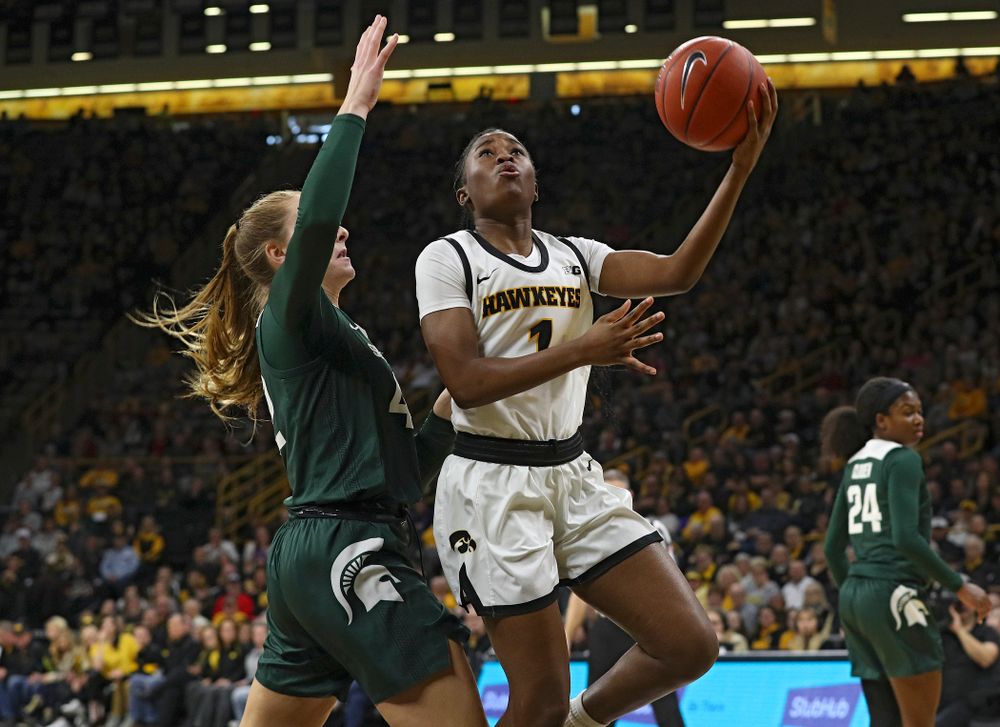 Iowa Hawkeyes guard Tomi Taiwo (1) puts up a shot during the second quarter of their game at Carver-Hawkeye Arena in Iowa City on Sunday, January 26, 2020. (Stephen Mally/hawkeyesports.com)
