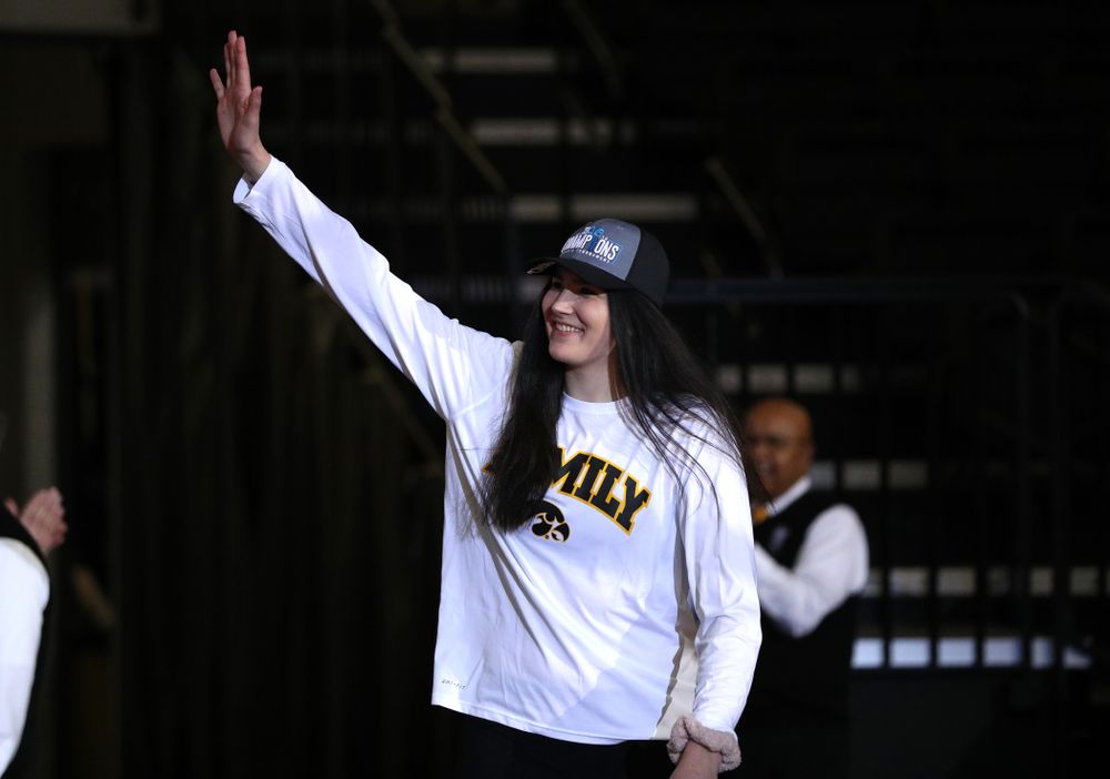 Iowa Hawkeyes forward Megan Gustafson (10) during a celebration of their Big Ten Women's Basketball Tournament championship Monday, March 18, 2019 at Carver-Hawkeye Arena. (Brian Ray/hawkeyesports.com)
