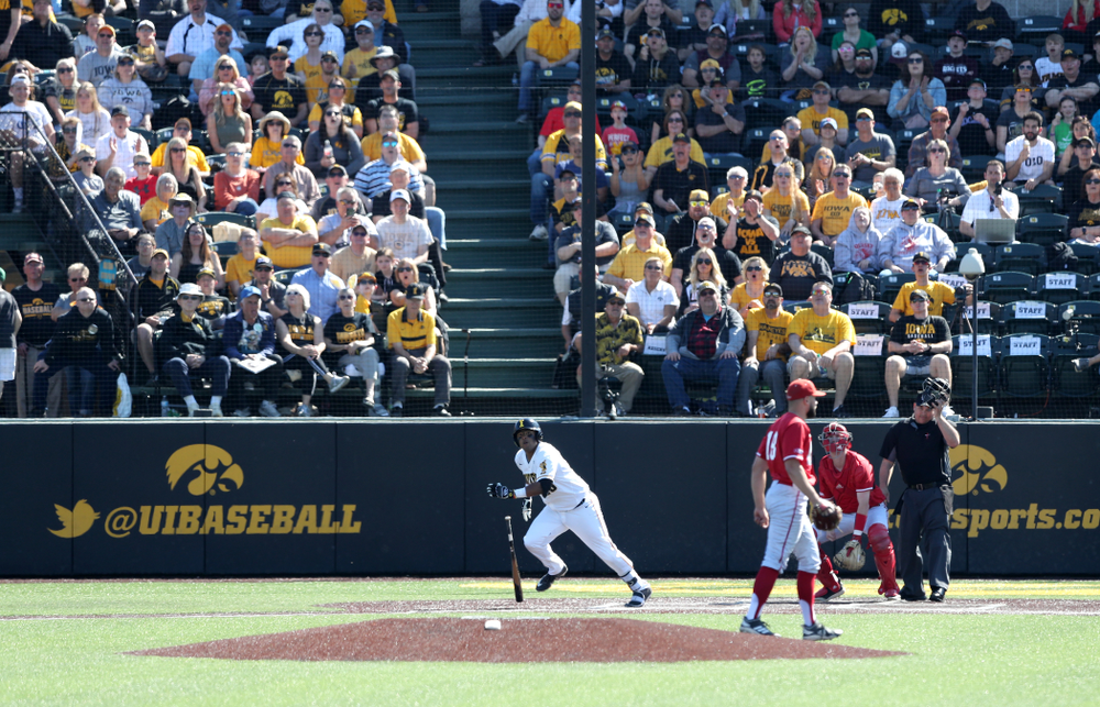 Iowa Hawkeyes Izaya Fullard (20) hits a home run against the Nebraska Cornhuskers Saturday, April 20, 2019 at Duane Banks Field. (Brian Ray/hawkeyesports.com)