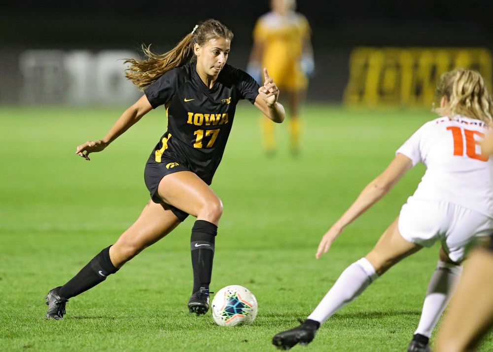 Iowa defender Hannah Drkulec (17) moves with the ball during the second half of their match against Illinois at the Iowa Soccer Complex in Iowa City on Thursday, Sep 26, 2019. (Stephen Mally/hawkeyesports.com)