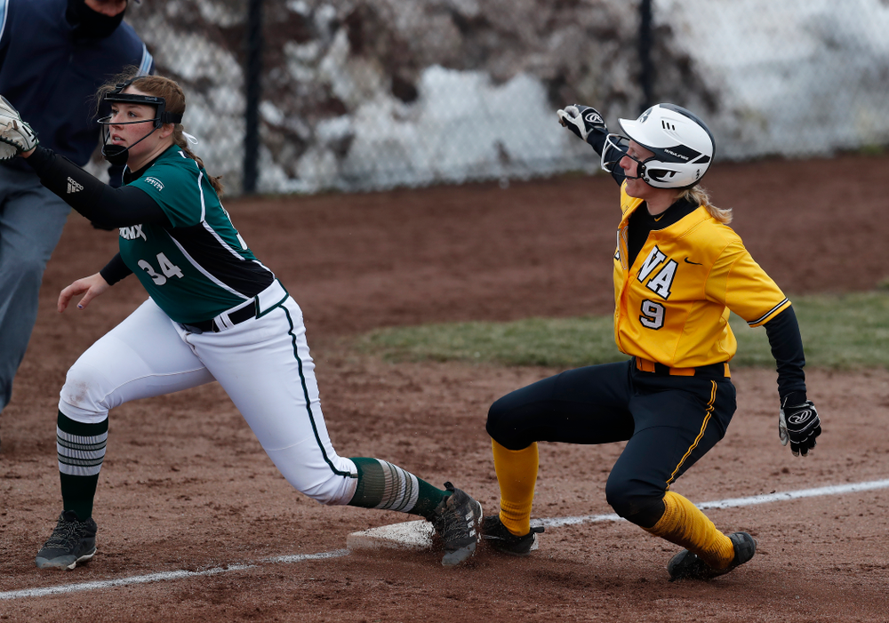 Iowa Hawkeyes infielder Sarah Kurtz (9) against UW Green Bay Tuesday, March 27, 2018 at Bob Pearl Field. (Brian Ray/hawkeyesports.com)