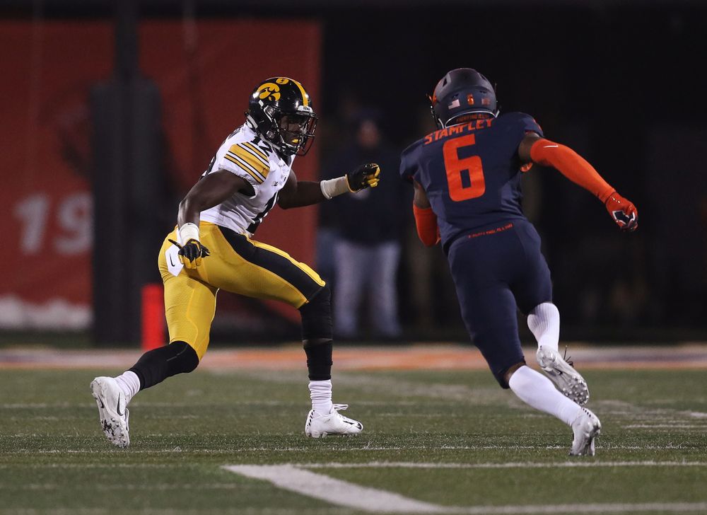 Iowa Hawkeyes defensive back D.J. Johnson (12) against the Illinois Fighting Illini Saturday, November 17, 2018 at Memorial Stadium in Champaign, Ill. (Brian Ray/hawkeyesports.com)