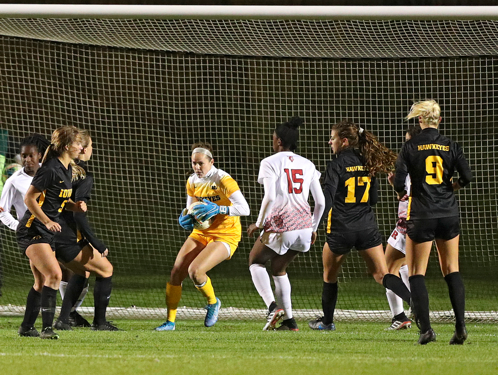 Iowa goalkeeper Claire Graves (1) grabs a shot during the second half of their match at the Iowa Soccer Complex in Iowa City on Friday, Oct 11, 2019. (Stephen Mally/hawkeyesports.com)