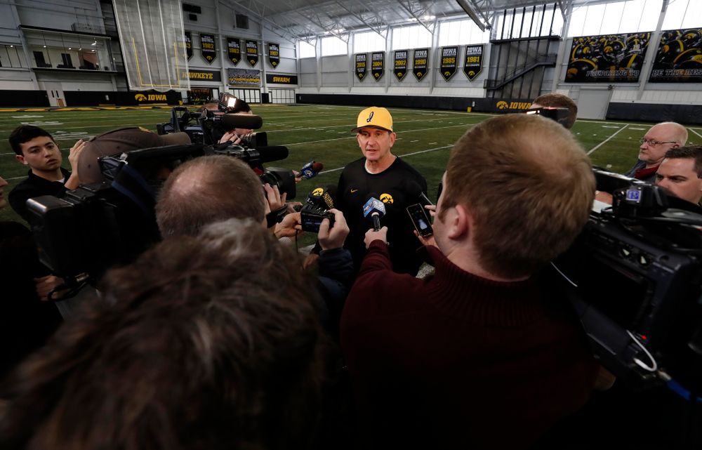 Thursday, February 8, 2018 (Brian Ray/hawkeyesports.com)Iowa Hawkeyes head coach Rick Heller answers questions from reporters during the team's annual media day Thursday, February 8, 2018 in the indoor practice facility. (Brian Ray/hawkeyesports.com)