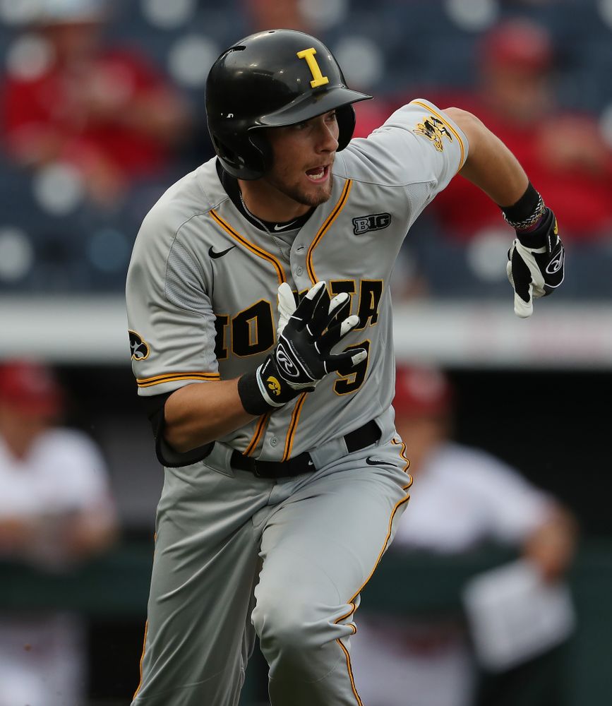 Iowa Hawkeyes outfielder Ben Norman (9) against the Indiana Hoosiers in the first round of the Big Ten Baseball Tournament Wednesday, May 22, 2019 at TD Ameritrade Park in Omaha, Neb. (Brian Ray/hawkeyesports.com)