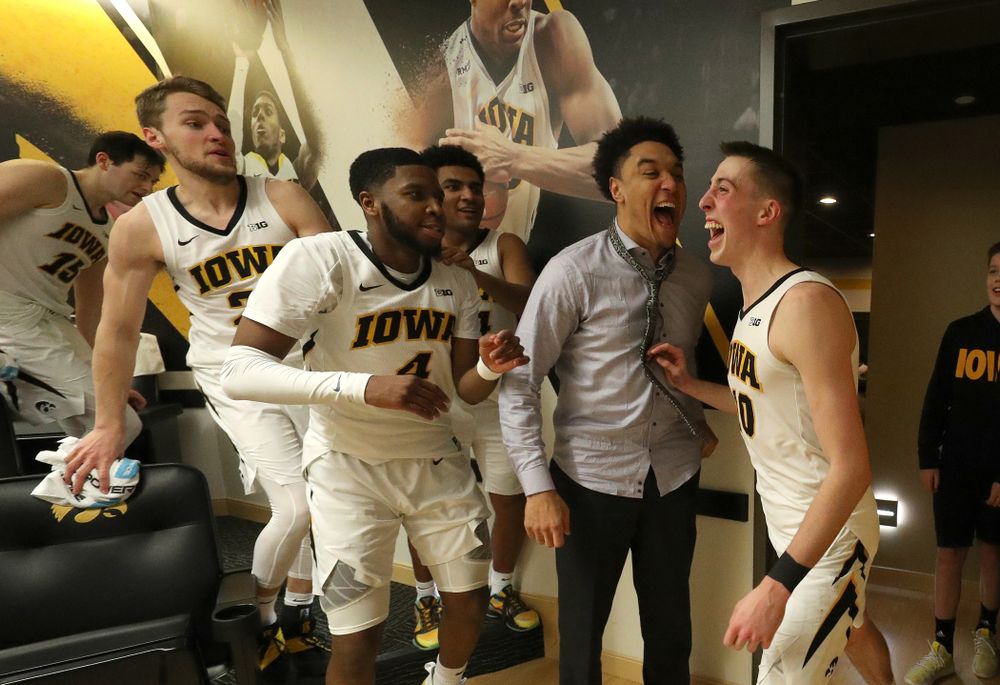 Iowa Hawkeyes guard Joe Wieskamp (10) dances with his teammates following their win against the Michigan Wolverines Friday, February 1, 2019 at Carver-Hawkeye Arena. (Brian Ray/hawkeyesports.com)