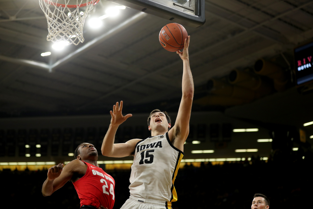 Iowa Hawkeyes forward Ryan Kriener (15) against the Ohio State Buckeyes Thursday, February 20, 2020 at Carver-Hawkeye Arena. (Brian Ray/hawkeyesports.com)