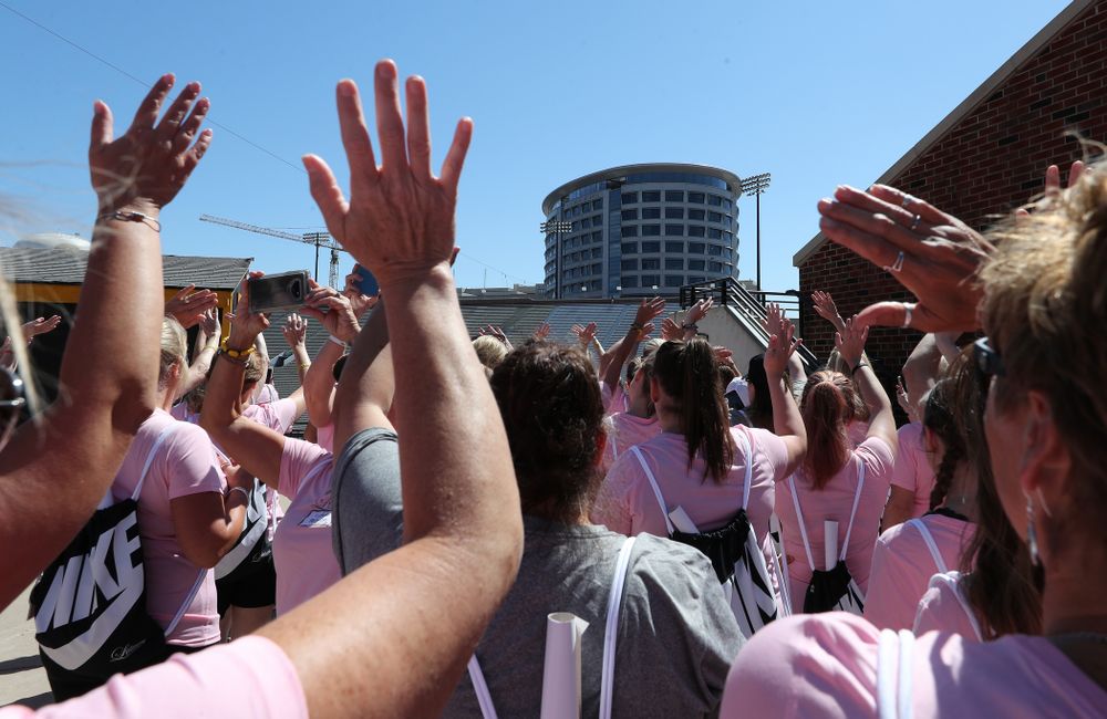 Participants in the 2019 Iowa Ladies Football Academy wave to the Stead Family ChildrenÕs Hospital Saturday, June 8, 2019 at Kinnick Stadium. (Brian Ray/hawkeyesports.com)