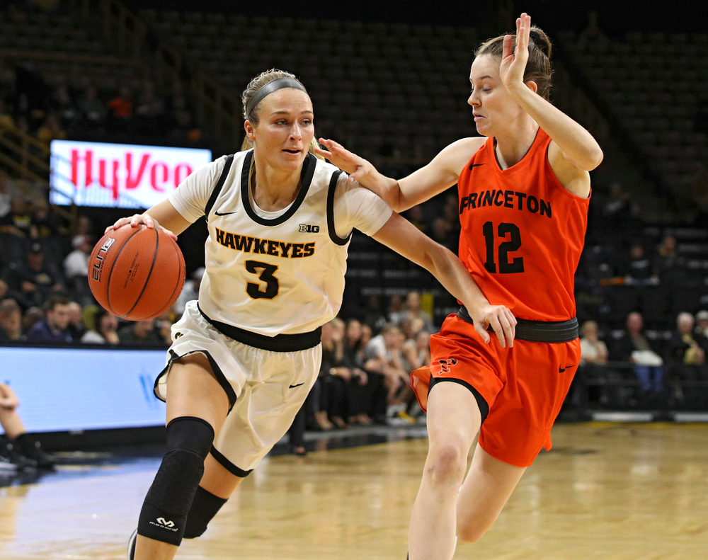 Iowa guard Makenzie Meyer (3) drives with the ball during the second quarter of their overtime win against Princeton at Carver-Hawkeye Arena in Iowa City on Wednesday, Nov 20, 2019. (Stephen Mally/hawkeyesports.com)