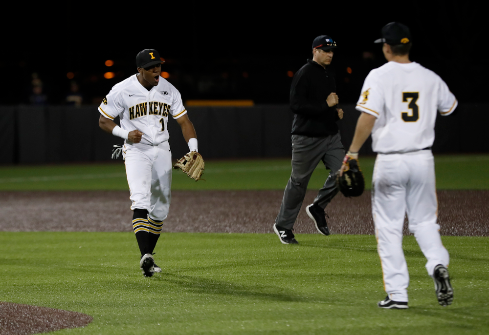 Iowa Hawkeyes third baseman Lorenzo Elion (1) celebrates after defeating the Michigan Wolverines Friday, April 27, 2018 at Duane Banks Field in Iowa City. (Brian Ray/hawkeyesports.com)
