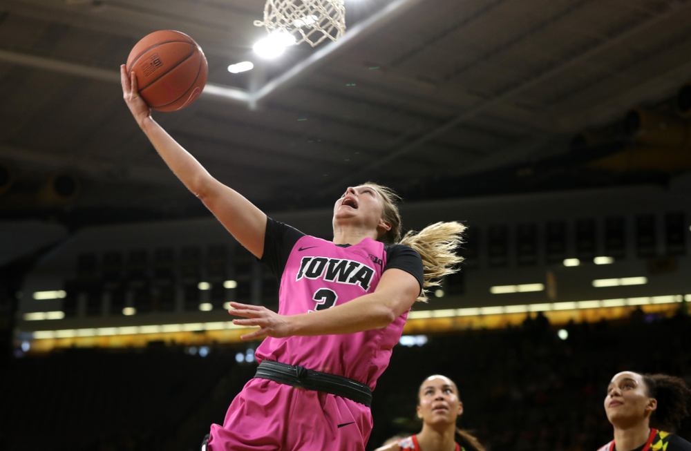 Iowa Hawkeyes guard Makenzie Meyer (3) against the seventh ranked Maryland Terrapins Sunday, February 17, 2019 at Carver-Hawkeye Arena. (Brian Ray/hawkeyesports.com)