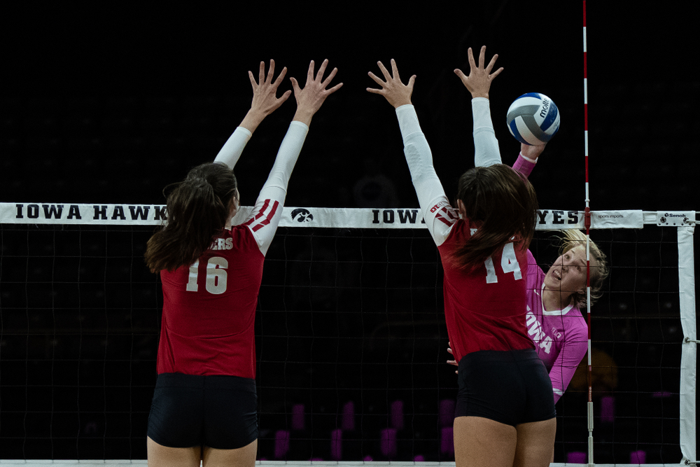 Iowa Hawkeyes outside hitter Cali Hoye (14) against the Wisconsin Badgers Saturday, October 6, 2018 at Carver-Hawkeye Arena. (Clem Messerli/Iowa Sports Pictures)