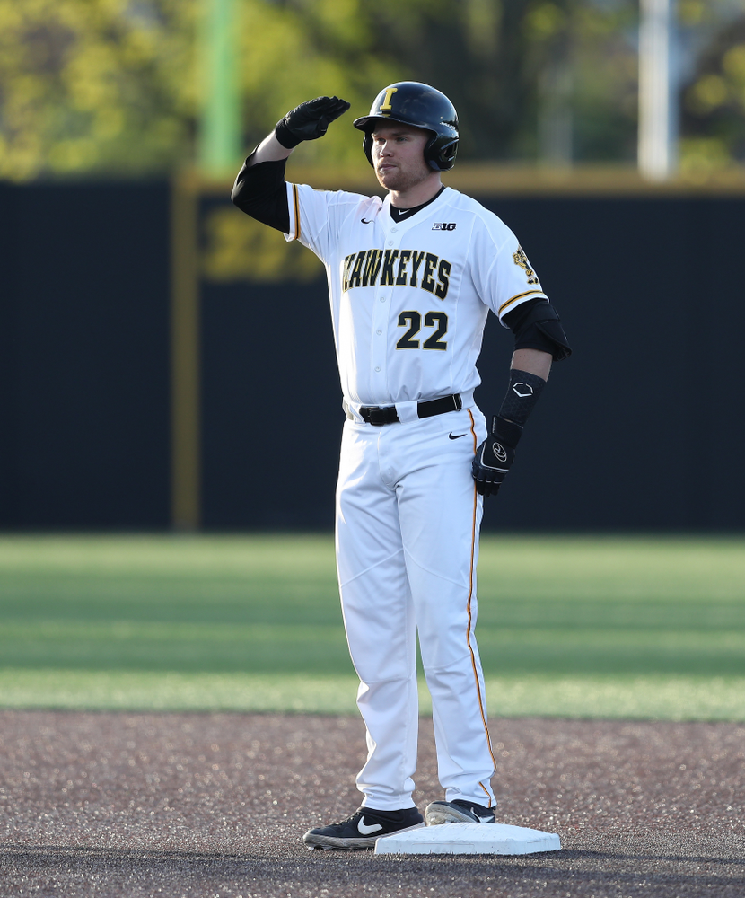 Iowa Hawkeyes Tanner Padgett (22) doubles against the Michigan State Spartans Friday, May 10, 2019 at Duane Banks Field. (Brian Ray/hawkeyesports.com)