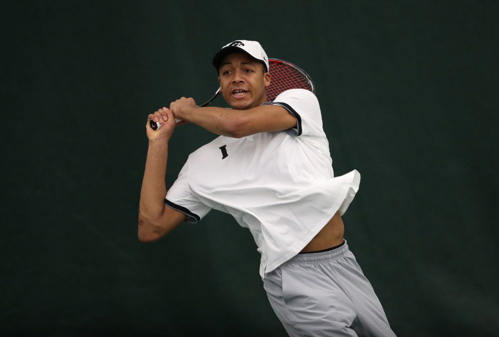 Iowa's Oliver Okonkwo against Western Michigan Saturday, January 19, 2019 at the Hawkeye Tennis and Recreation Complex. (Brian Ray/hawkeyesports.com)