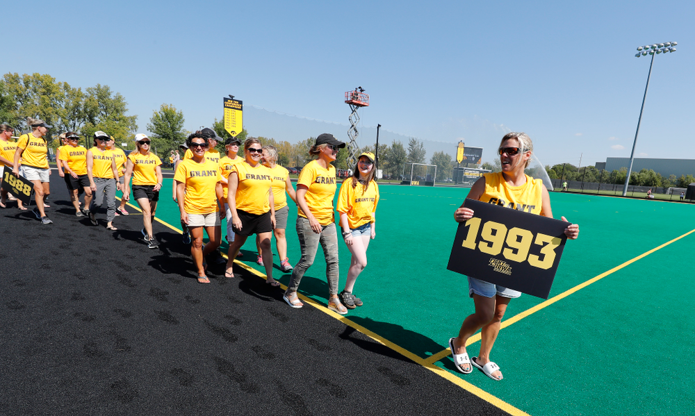 Former stand out Iowa Field Hockey teams are introduced as part of an alumni reunion during halftime of the Iowa Hawkeyes game against Indiana Sunday, September 16, 2018 at Grant Field. (Brian Ray/hawkeyesports.com)