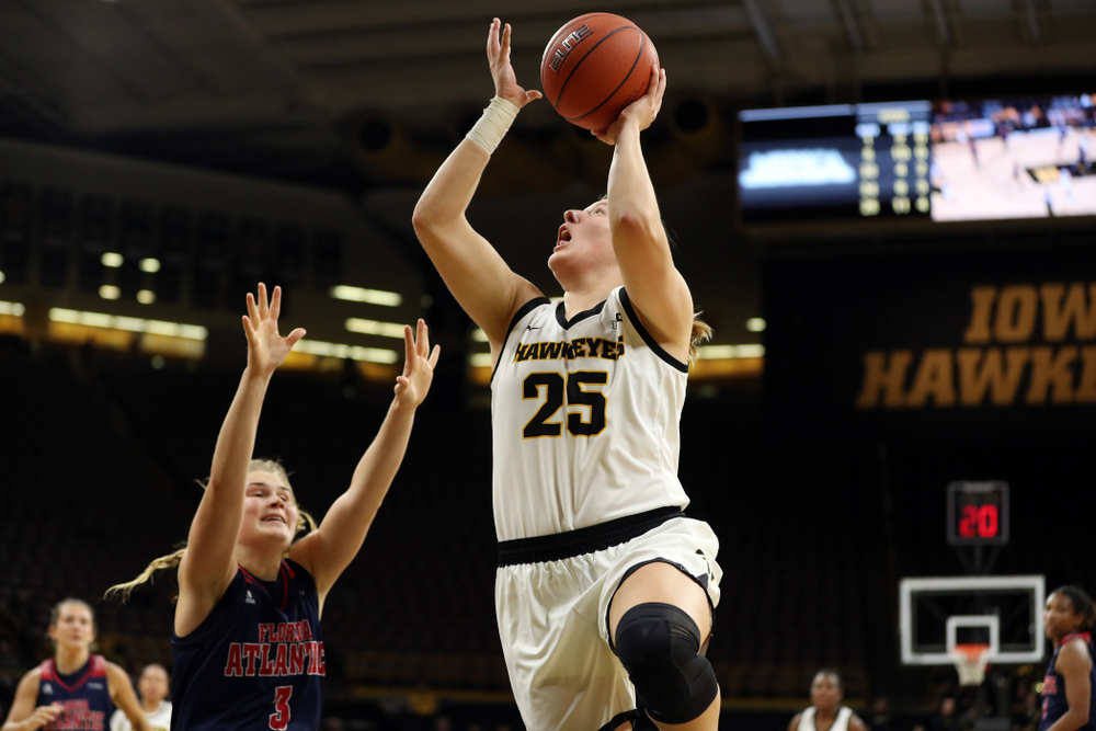 Iowa Hawkeyes forward/center Monika Czinano (25) against Florida Atlantic University Thursday, November 7, 2019 at Carver-Hawkeye Arena. (Brian Ray/hawkeyesports.com)