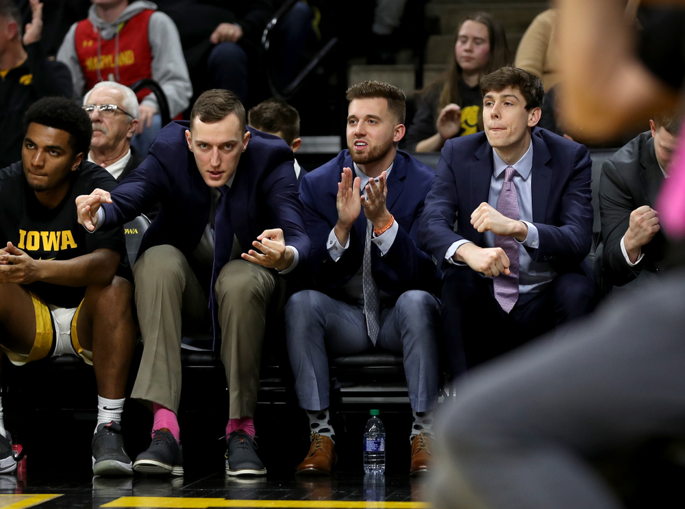 Iowa Hawkeyes forward Jack Nunge (2), guard Jordan Bohannon (3), and forward Patrick McCaffery (22) against the Maryland Terrapins Friday, January 10, 2020 at Carver-Hawkeye Arena. (Brian Ray/hawkeyesports.com)