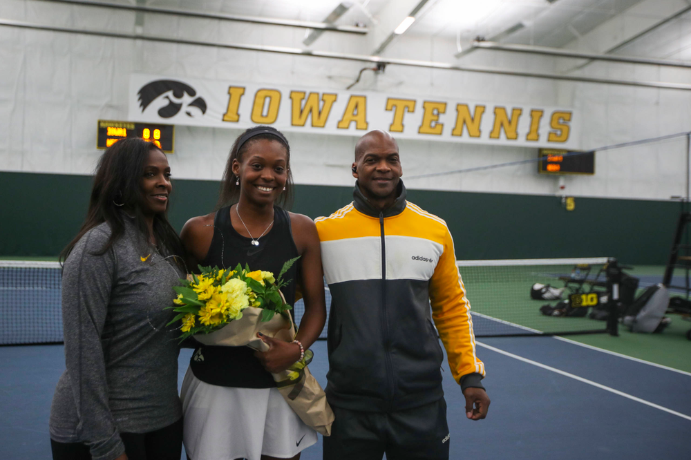 IowaÕs Adorabol Huckleby at womenÕs tennis senior day vs Nebraska on Saturday, April 13, 2019 at the Hawkeye Tennis and Recreation Complex. (Lily Smith/hawkeyesports.com)