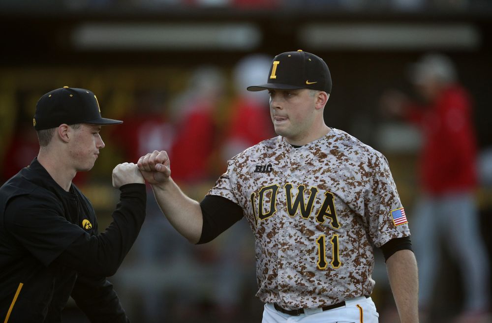 Iowa Hawkeyes Cole McDonald (11) against the Nebraska Cornhuskers on Military Appreciation Night Friday, April 19, 2019 at Duane Banks Field. (Brian Ray/hawkeyesports.com)