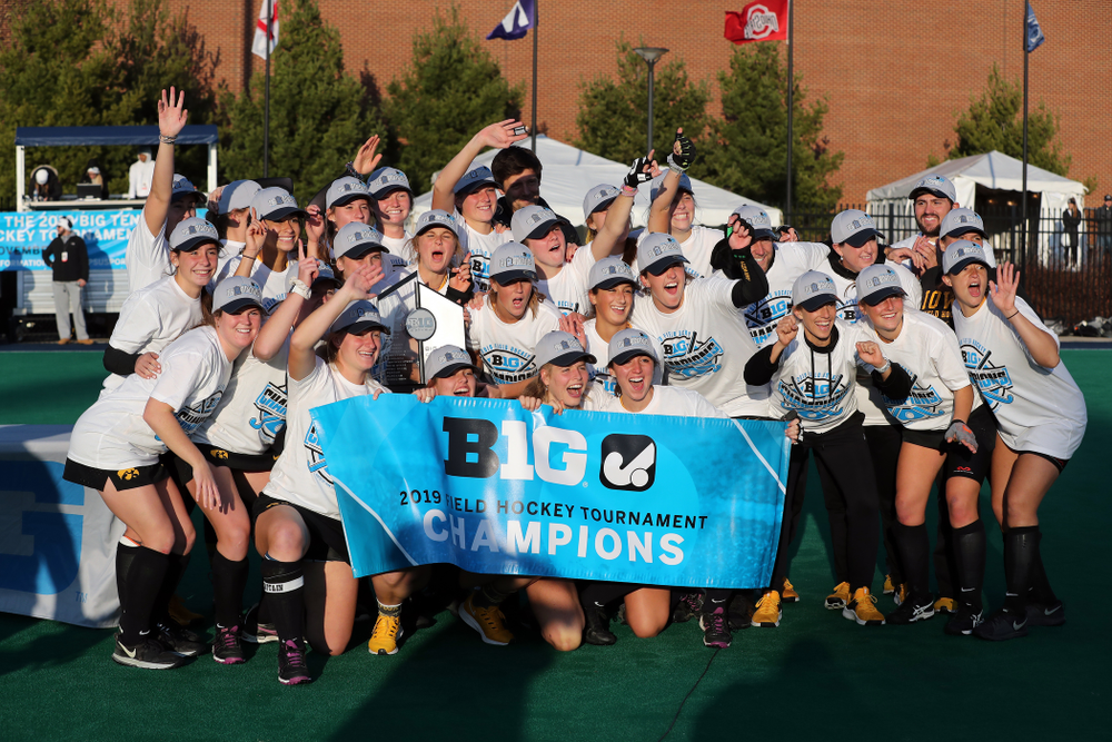 The Iowa Hawkeyes celebrate their 1-0 overtime victory over Penn State to win the 2019 Big Ten Field Hockey Tournament Sunday, November 10, 2019 at Penn State (Brian Ray/hawkeyesports.com)