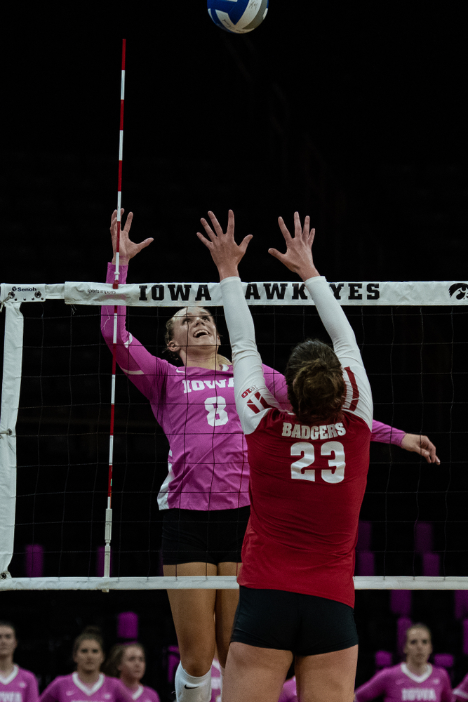 Iowa Hawkeyes right side hitter Reghan Coyle (8) against the Wisconsin Badgers Saturday, October 6, 2018 at Carver-Hawkeye Arena. (Clem Messerli/Iowa Sports Pictures)
