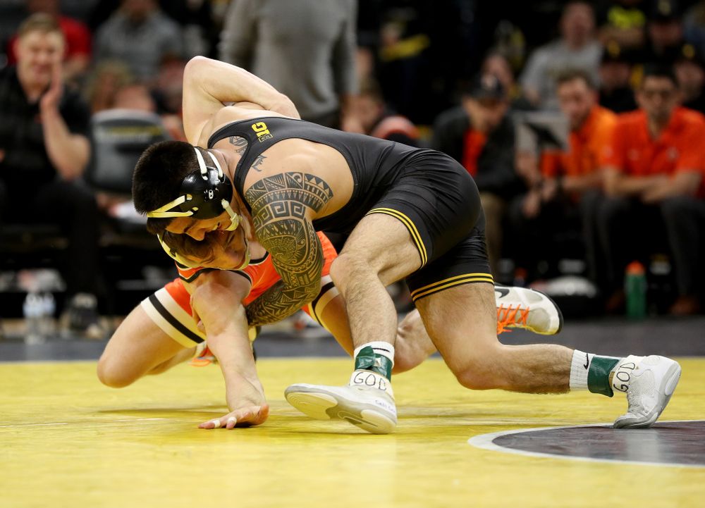 Iowa’s Pat Lugo Wrestles Oklahoma State’s Boo Luwallen at 149 pounds Sunday, February 23, 2020 at Carver-Hawkeye Arena. Lugo won the match by fall. (Brian Ray/hawkeyesports.com)