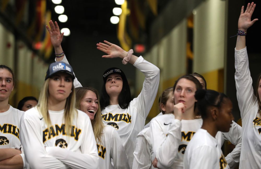 Iowa Hawkeyes forward Megan Gustafson (10) during a celebration of their Big Ten Women's Basketball Tournament championship Monday, March 18, 2019 at Carver-Hawkeye Arena. (Brian Ray/hawkeyesports.com)