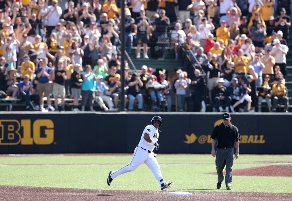 Iowa Hawkeyes Izaya Fullard (20) hits a home run against the Nebraska Cornhuskers Saturday, April 20, 2019 at Duane Banks Field. (Brian Ray/hawkeyesports.com)