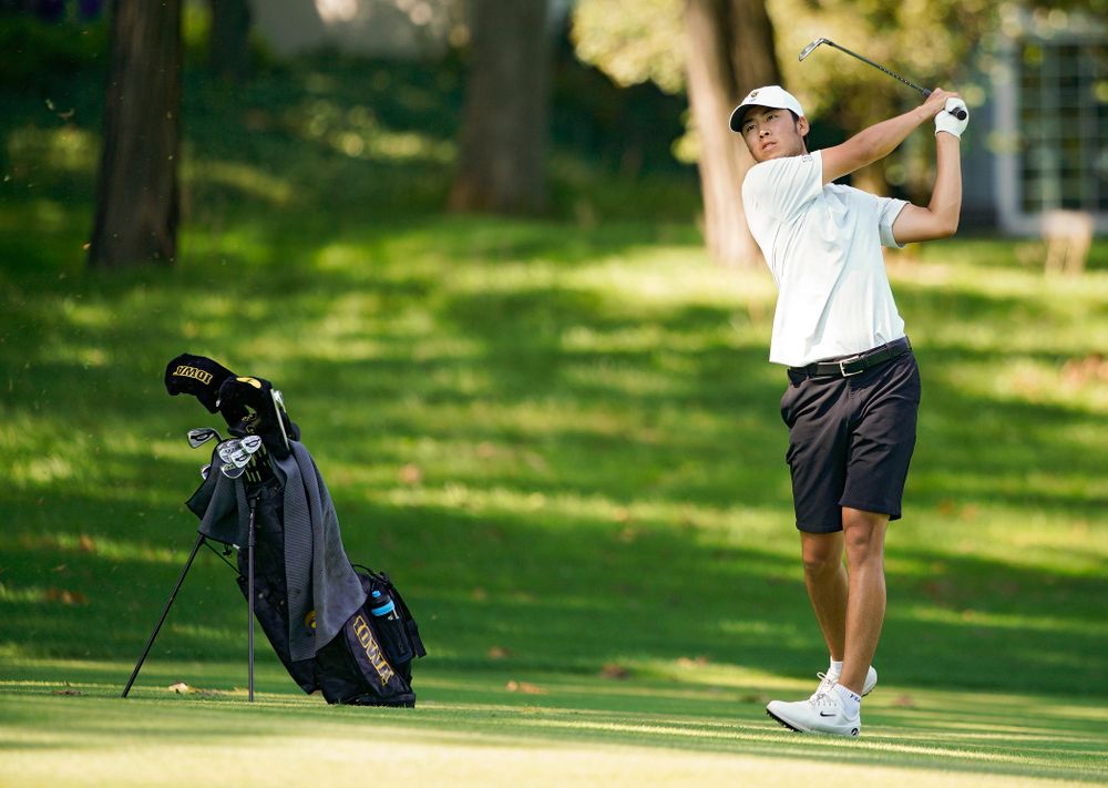 Iowa’s Joe Kim hits from the fairway during the second day of the Golfweek Conference Challenge at the Cedar Rapids Country Club in Cedar Rapids on Monday, Sep 16, 2019. (Stephen Mally/hawkeyesports.com)